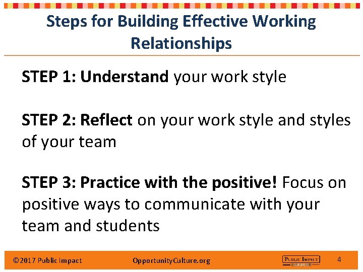 Steps for Building Effective Working Relationships STEP 1: Understand your work style STEP 2: