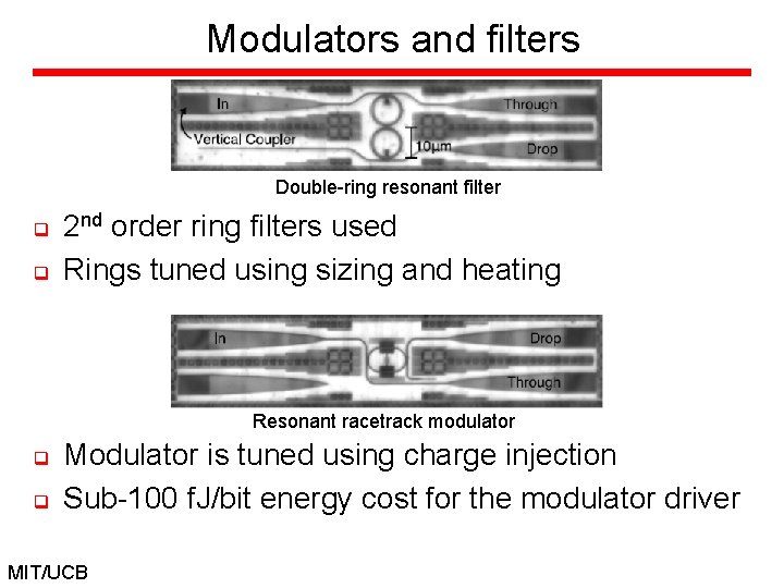 Modulators and filters Double-ring resonant filter q q 2 nd order ring filters used
