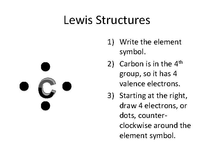 Lewis Structures C 1) Write the element symbol. 2) Carbon is in the 4