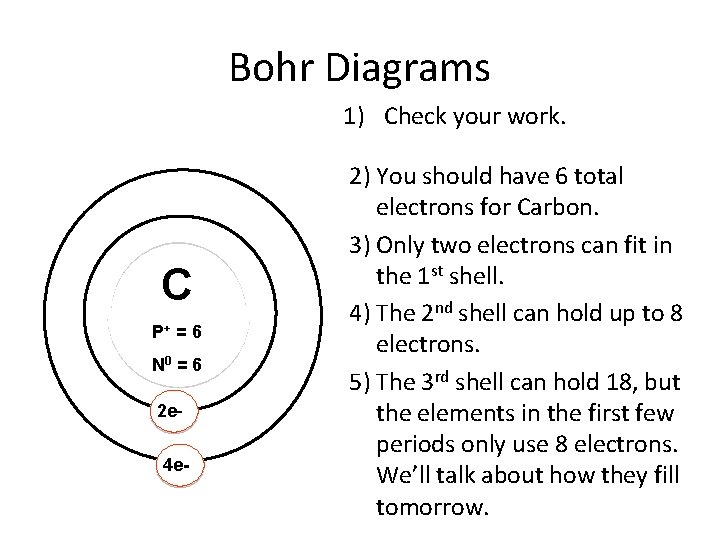 Bohr Diagrams 1) Check your work. C P+ = 6 N 0 = 6