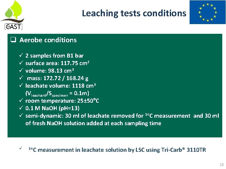 Leaching tests conditions Aerobe conditions 2 samples from B 1 bar surface area: 117.