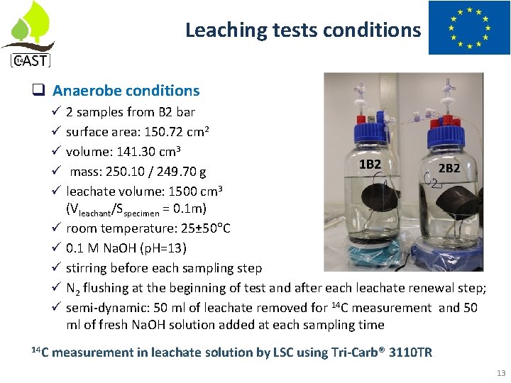 Leaching tests conditions Anaerobe conditions 2 samples from B 2 bar surface area: 150.