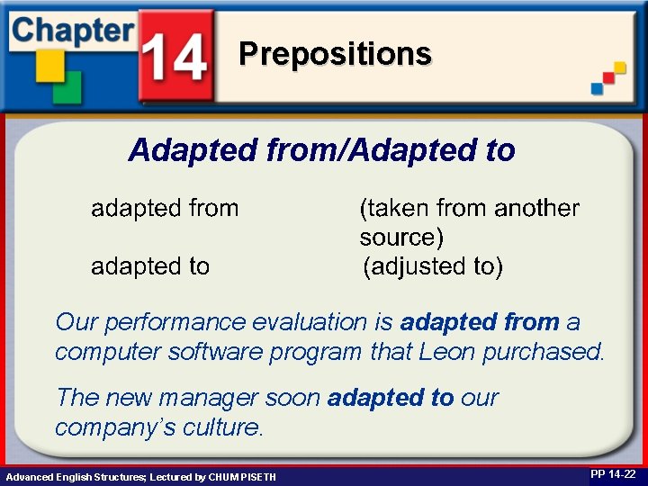 Prepositions Adapted from/Adapted to Our performance evaluation is adapted from a computer software program
