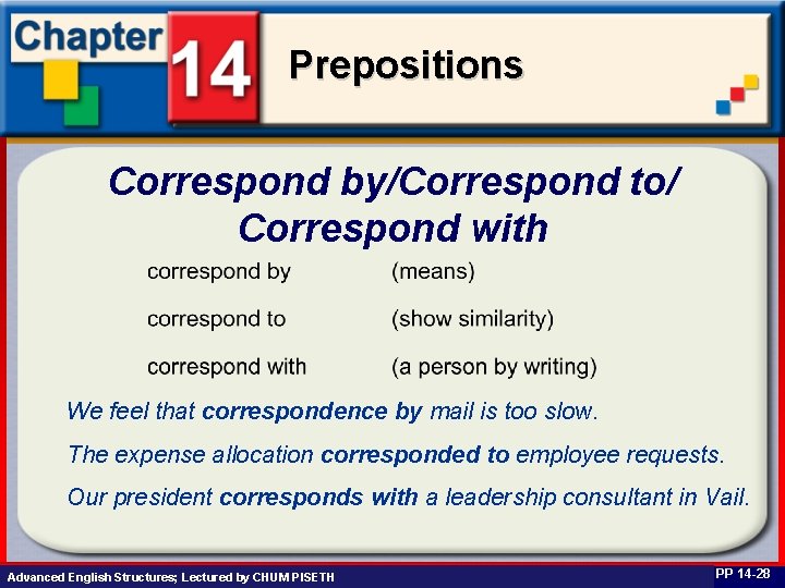 Prepositions Correspond by/Correspond to/ Correspond with We feel that correspondence by mail is too