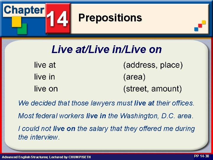 Prepositions Live at/Live in/Live on We decided that those lawyers must live at their
