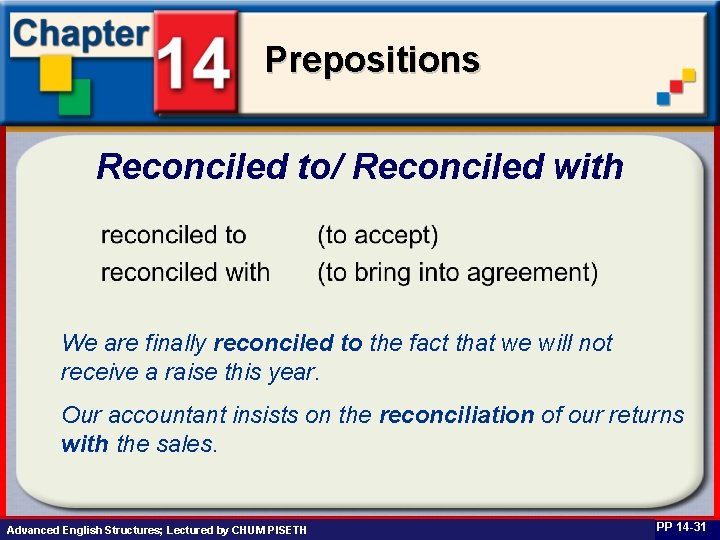 Prepositions Reconciled to/ Reconciled with We are finally reconciled to the fact that we