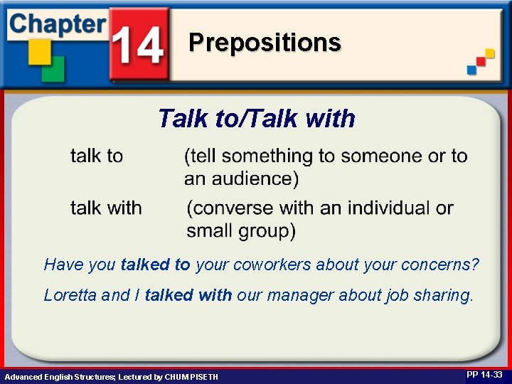 Prepositions Talk to/Talk with Have you talked to your coworkers about your concerns? Loretta