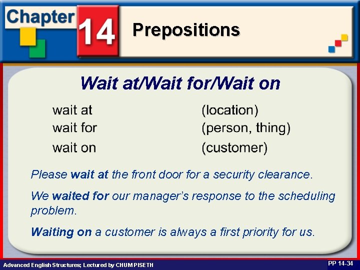 Prepositions Wait at/Wait for/Wait on Please wait at the front door for a security