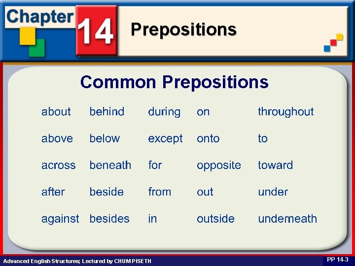 Prepositions Common Prepositions Business English. Structures; at Work Lectured by CHUM PISETH Advanced PP