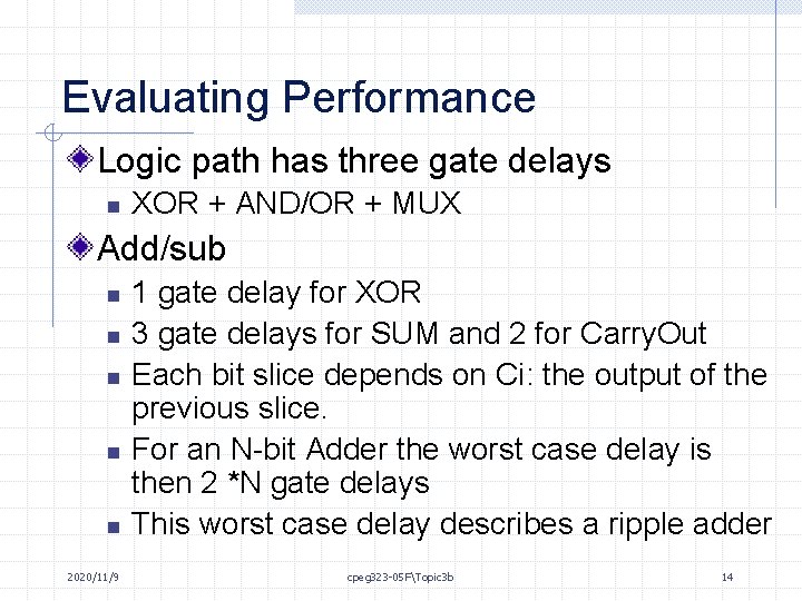 Evaluating Performance Logic path has three gate delays n XOR + AND/OR + MUX