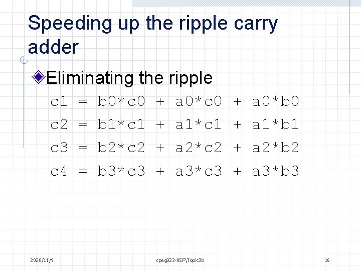 Speeding up the ripple carry adder Eliminating the ripple c 1 c 2 c