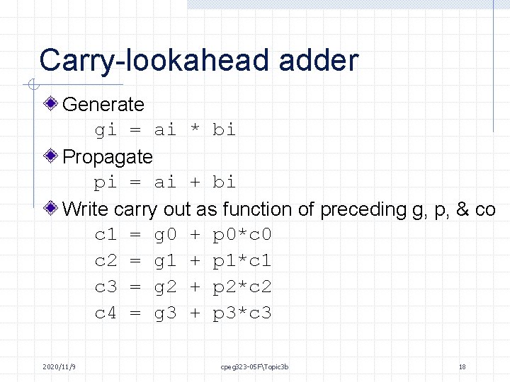 Carry-lookahead adder Generate gi = ai * bi Propagate pi = ai + bi