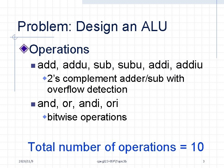 Problem: Design an ALU Operations n add, addu, subu, addiu w 2’s complement adder/sub