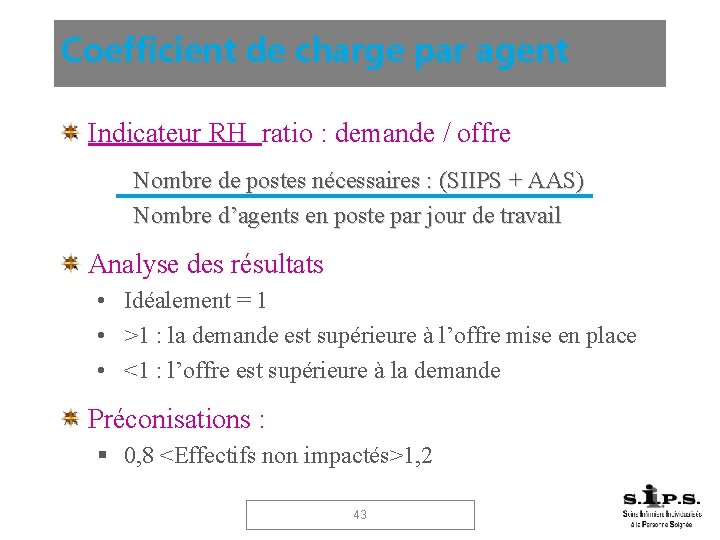 Coefficient de charge par agent Indicateur RH ratio : demande / offre Nombre de