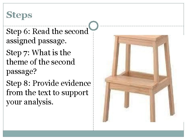 Steps Step 6: Read the second assigned passage. Step 7: What is theme of
