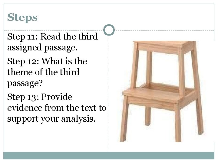 Steps Step 11: Read the third assigned passage. Step 12: What is theme of