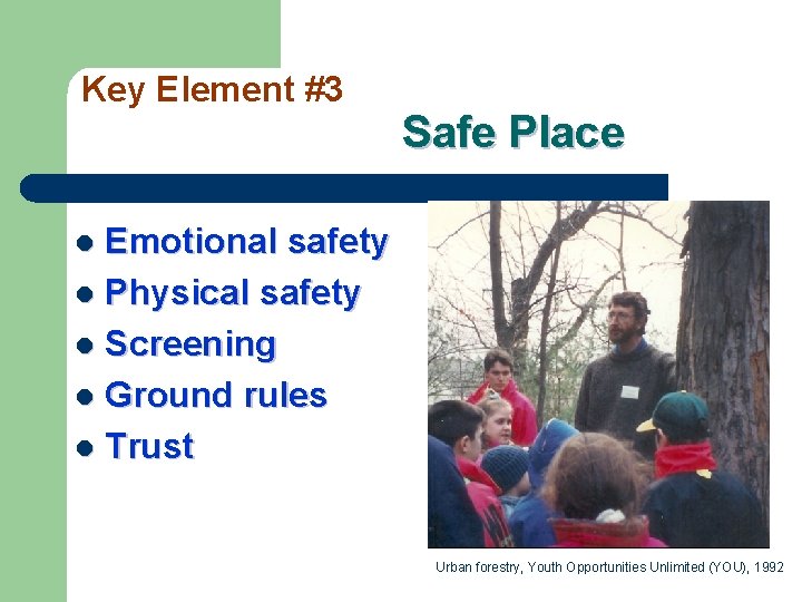 Key Element #3 Safe Place Emotional safety l Physical safety l Screening l Ground