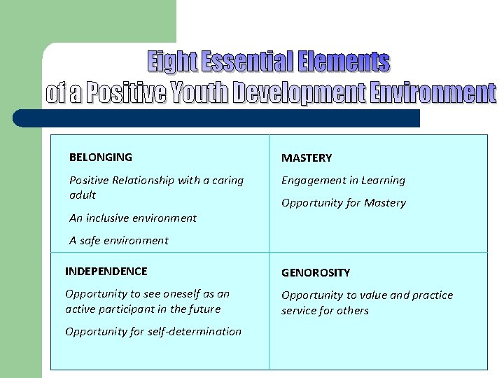 BELONGING MASTERY Positive Relationship with a caring adult Engagement in Learning An inclusive environment