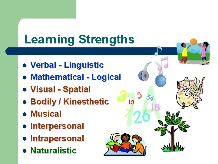 Learning Strengths l l l l Verbal - Linguistic Mathematical - Logical Visual -