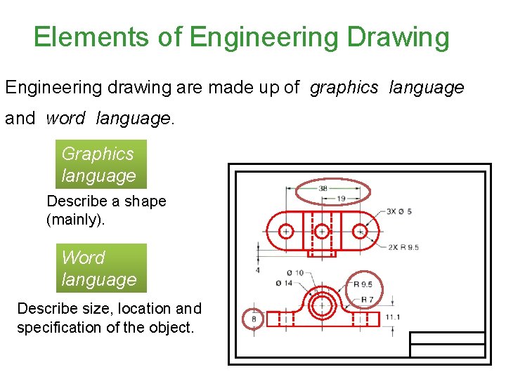 Elements of Engineering Drawing Engineering drawing are made up of graphics language and word
