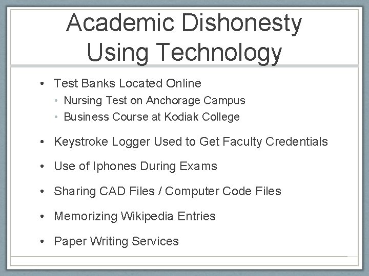 Academic Dishonesty Using Technology • Test Banks Located Online • Nursing Test on Anchorage