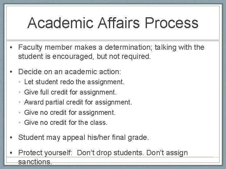 Academic Affairs Process • Faculty member makes a determination; talking with the student is