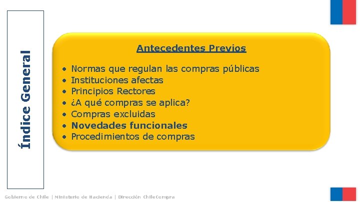 Índice General Antecedentes Previos • • Normas que regulan las compras públicas Instituciones afectas