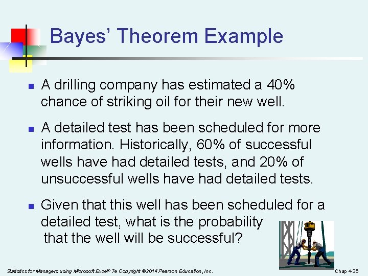 Bayes’ Theorem Example n n n A drilling company has estimated a 40% chance