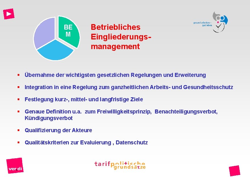 BE M Betriebliches Eingliederungsmanagement § Übernahme der wichtigsten gesetzlichen Regelungen und Erweiterung § Integration