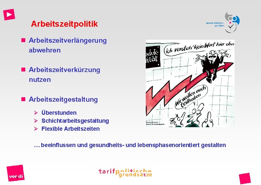 Arbeitszeitpolitik n Arbeitszeitverlängerung abwehren n Arbeitszeitverkürzung nutzen n Arbeitszeitgestaltung Ø Überstunden Ø Schichtarbeitsgestaltung Ø