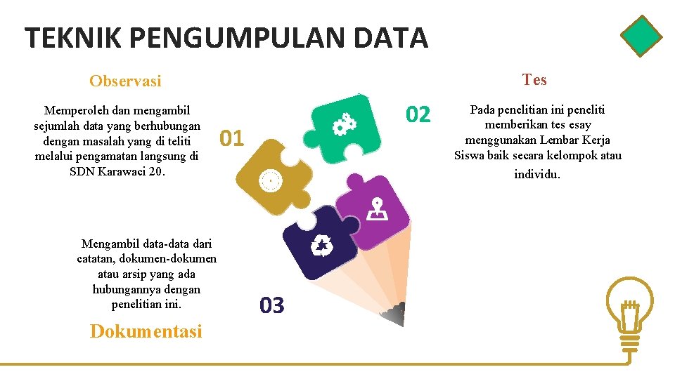 TEKNIK PENGUMPULAN DATA Tes Observasi Memperoleh dan mengambil sejumlah data yang berhubungan dengan masalah