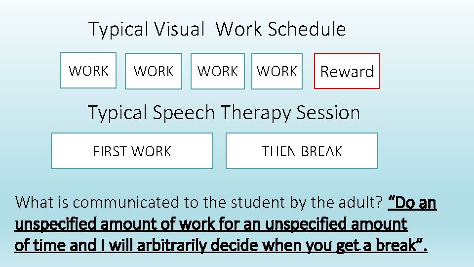 Typical Visual Work Schedule WORK Reward Typical Speech Therapy Session FIRST WORK THEN BREAK