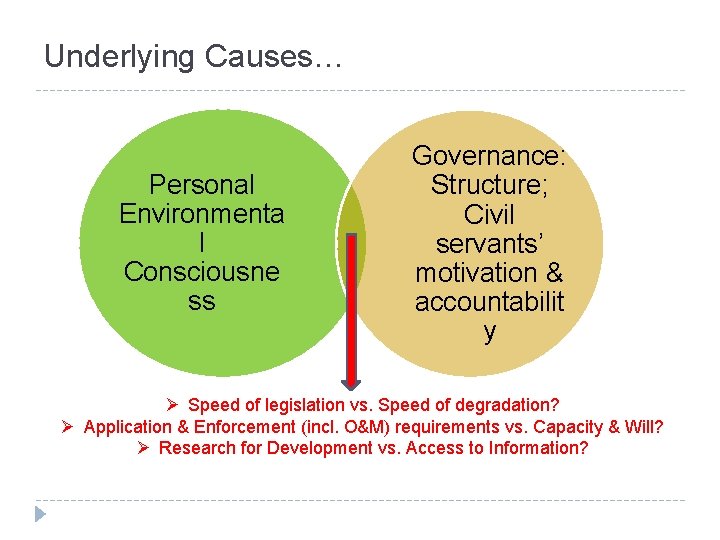 Underlying Causes… Personal Environmenta l Consciousne ss Governance: Structure; Civil servants’ motivation & accountabilit