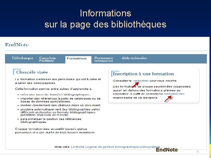 Informations sur la page des bibliothèques End. Note 10 