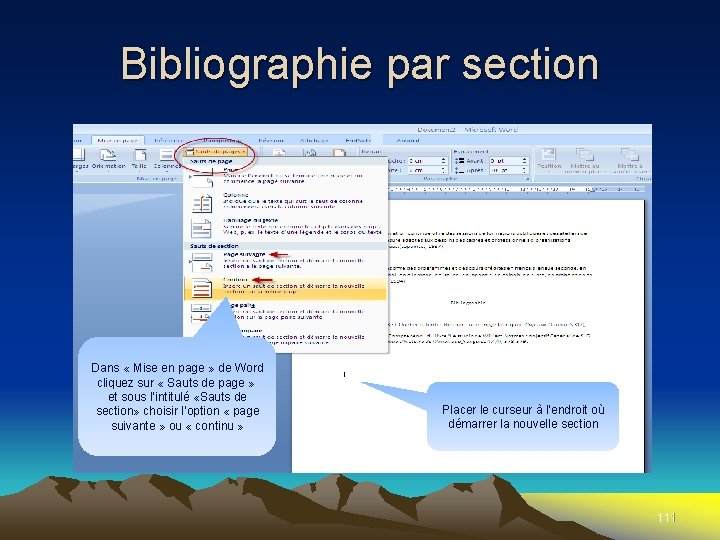 Bibliographie par section Dans « Mise en page » de Word cliquez sur «