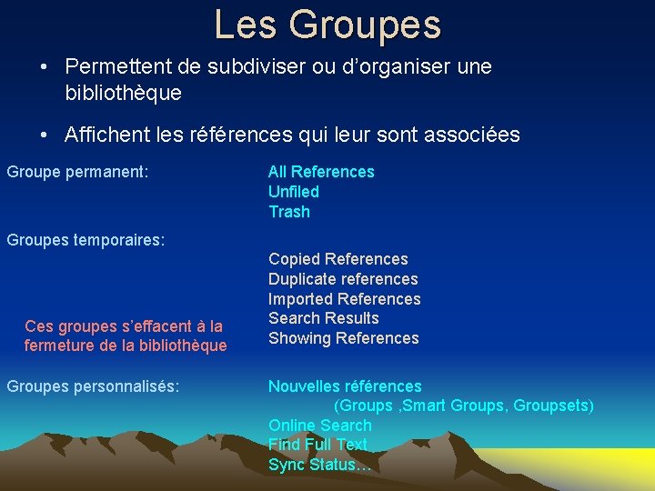 Les Groupes • Permettent de subdiviser ou d’organiser une bibliothèque • Affichent les références