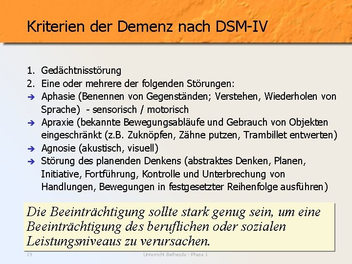 Kriterien der Demenz nach DSM-IV 1. Gedächtnisstörung 2. Eine oder mehrere der folgenden Störungen: