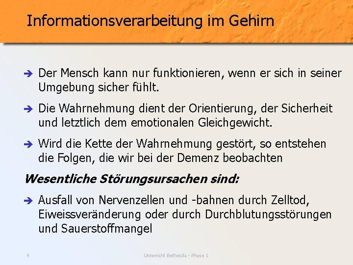 Informationsverarbeitung im Gehirn è Der Mensch kann nur funktionieren, wenn er sich in seiner