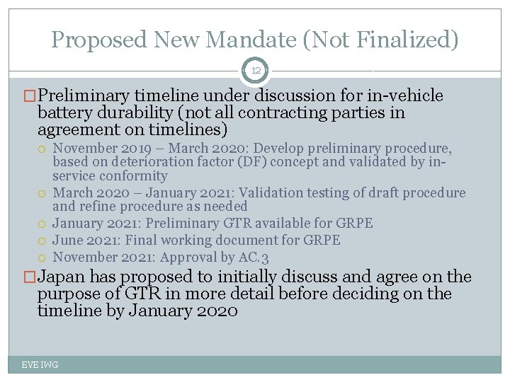 Proposed New Mandate (Not Finalized) 12 �Preliminary timeline under discussion for in-vehicle battery durability
