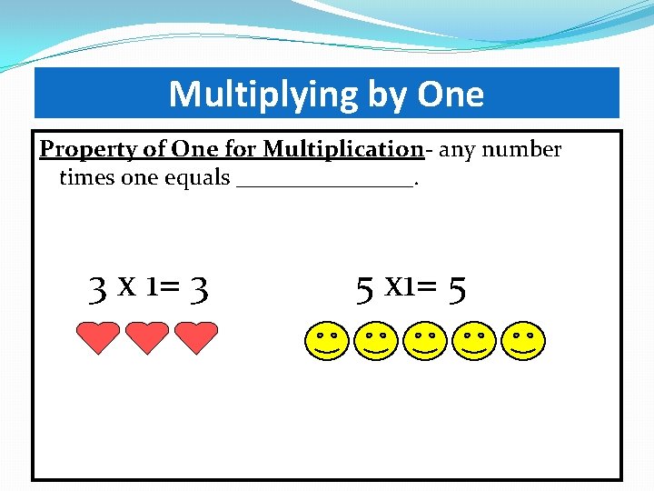 Multiplying by One Property of One for Multiplication- any number times one equals ________.