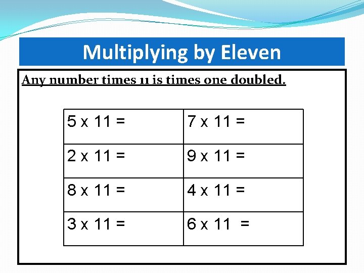 Multiplying by Eleven Any number times 11 is times one doubled. 5 x 11