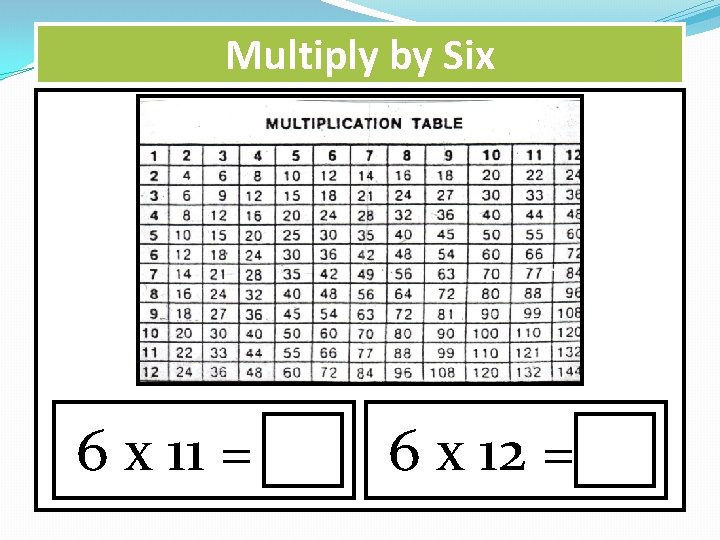 Multiply by Six 6 x 11 = 6 x 12 = 