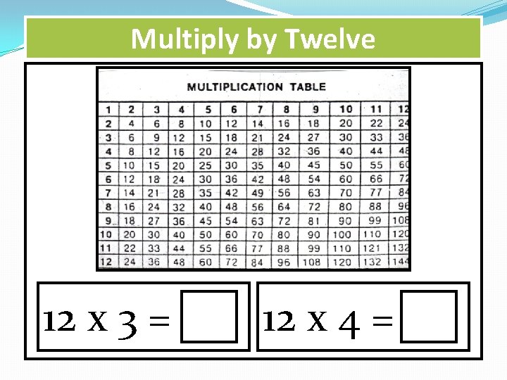 Multiply by Twelve 12 x 3 = 12 x 4 = 