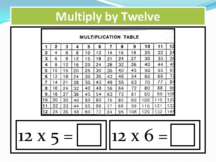 Multiply by Twelve 12 x 5 = 12 x 6 = 