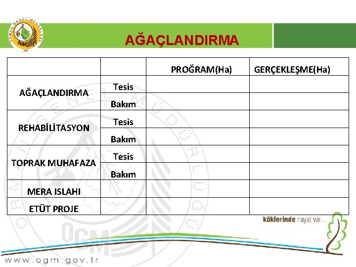 AĞAÇLANDIRMA PROĞRAM(Ha) GERÇEKLEŞME(Ha) Tesis Bakım Tesis REHABİLİTASYON Bakım Tesis TOPRAK MUHAFAZA Bakım AĞAÇLANDIRMA MERA