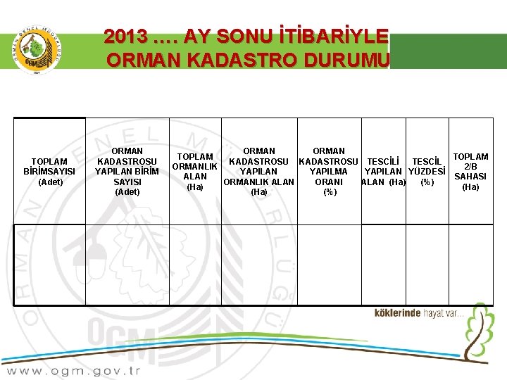 2013 …. AY SONU İTİBARİYLE ORMAN KADASTRO DURUMU TOPLAM BİRİMSAYISI (Adet) ORMAN KADASTROSU YAPILAN