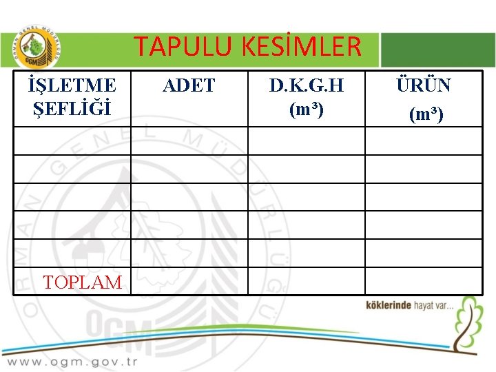 TAPULU KESİMLER İŞLETME ŞEFLİĞİ TOPLAM ADET D. K. G. H (m³) ÜRÜN (m³) 