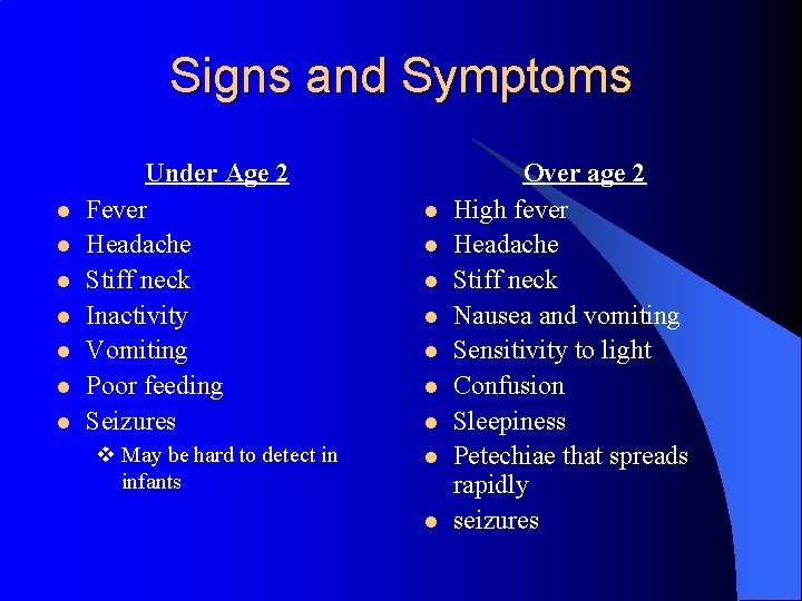 Signs and Symptoms l l l l Under Age 2 Fever Headache Stiff neck