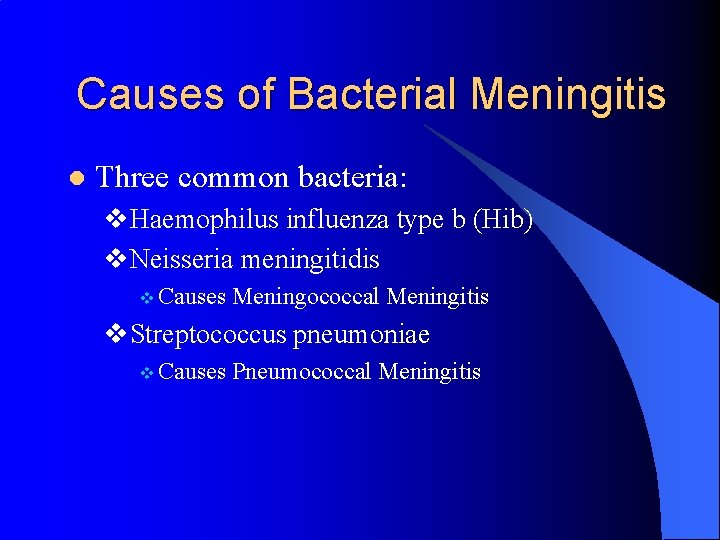 Causes of Bacterial Meningitis l Three common bacteria: v. Haemophilus influenza type b (Hib)