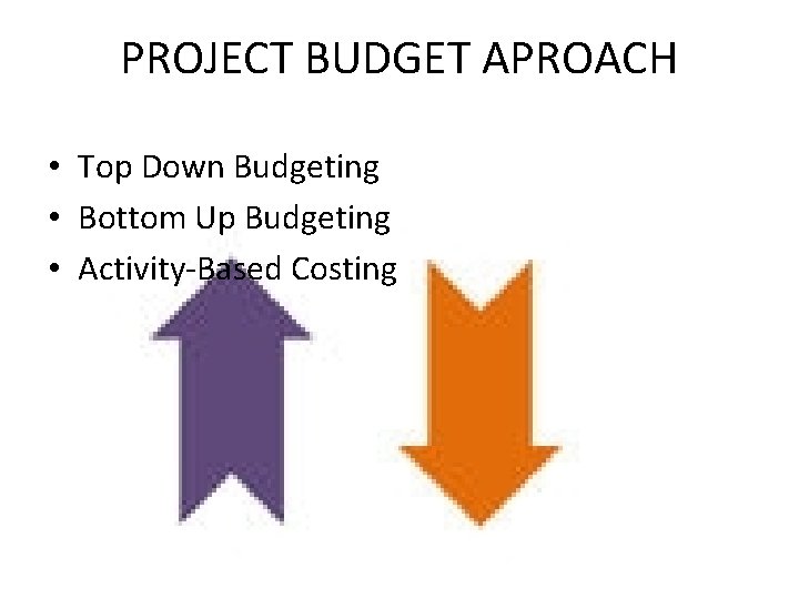 PROJECT BUDGET APROACH • Top Down Budgeting • Bottom Up Budgeting • Activity-Based Costing